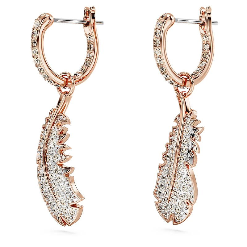 Nice drop earrings, Feather, White, Rose gold-tone plated by SWAROVSKI