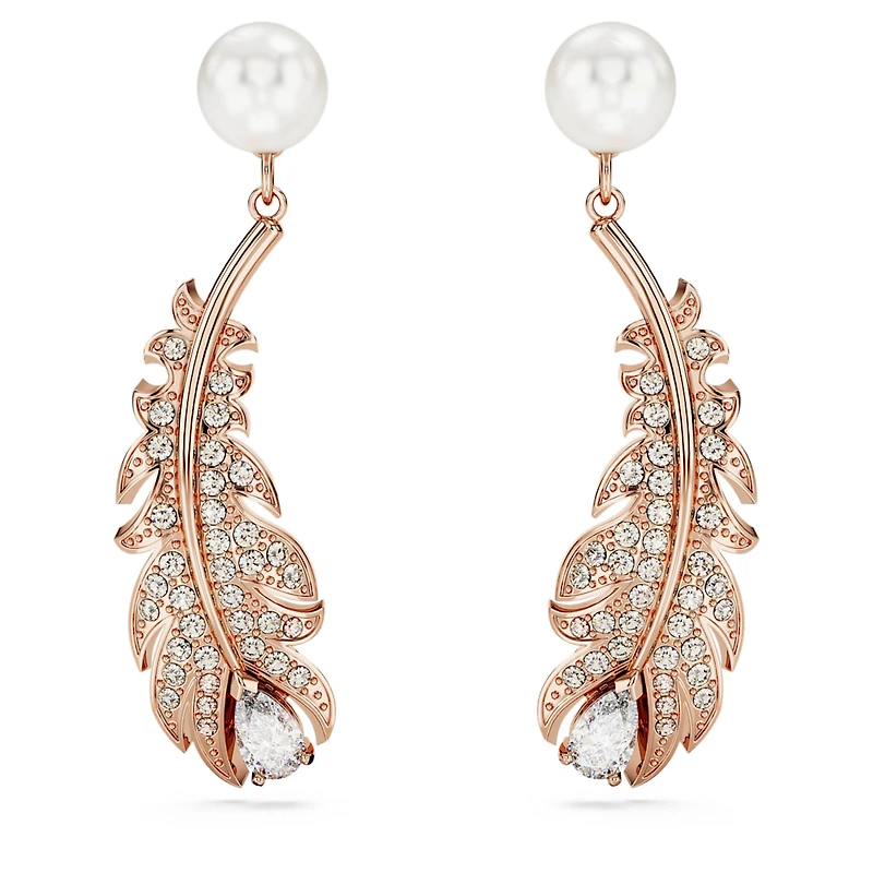 Nice drop earrings, Crystal pearl, Mixed cuts, Feather, White, Rose gold-tone plated by SWAROVSKI