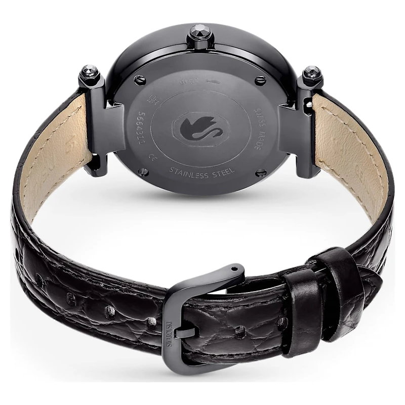 Crystalline Wonder watch, Swiss Made, Leather strap, Black, Black finish by SWAROVSKI