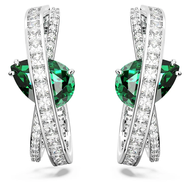 Hyperbola hoop earrings, Mixed cuts, Green, Rhodium plated by SWAROVSKI