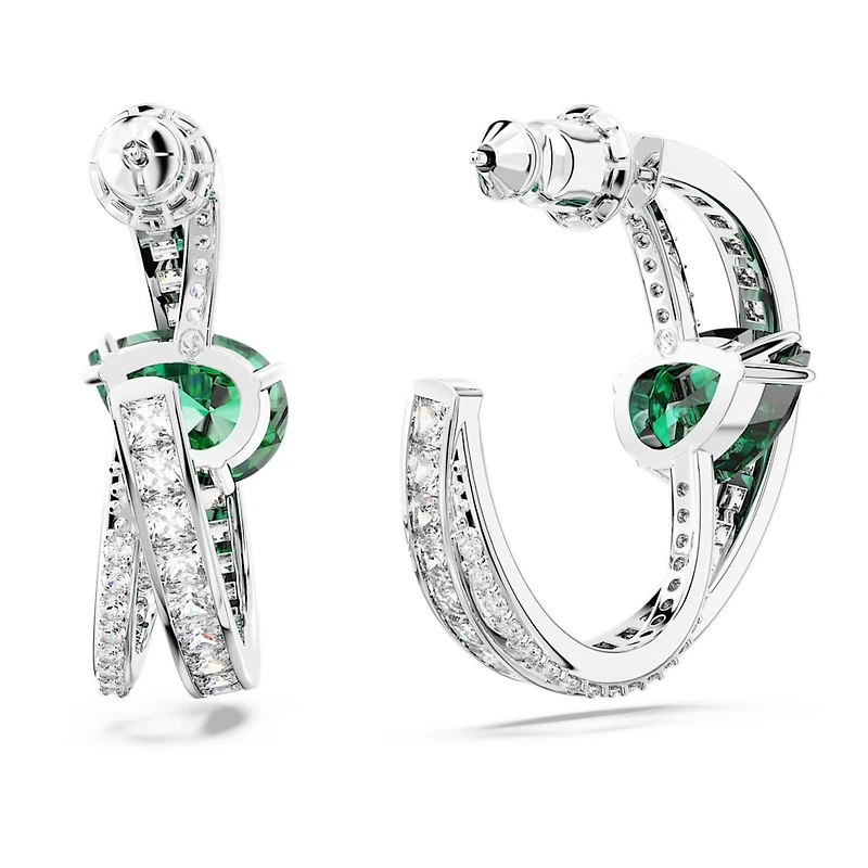 Hyperbola hoop earrings, Mixed cuts, Green, Rhodium plated by SWAROVSKI