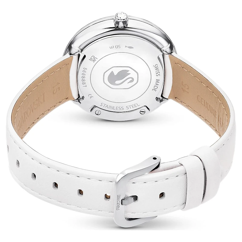 Crystalline lustre watch, Swiss Made, Leather strap, White, Stainless steel by SWAROVSKI