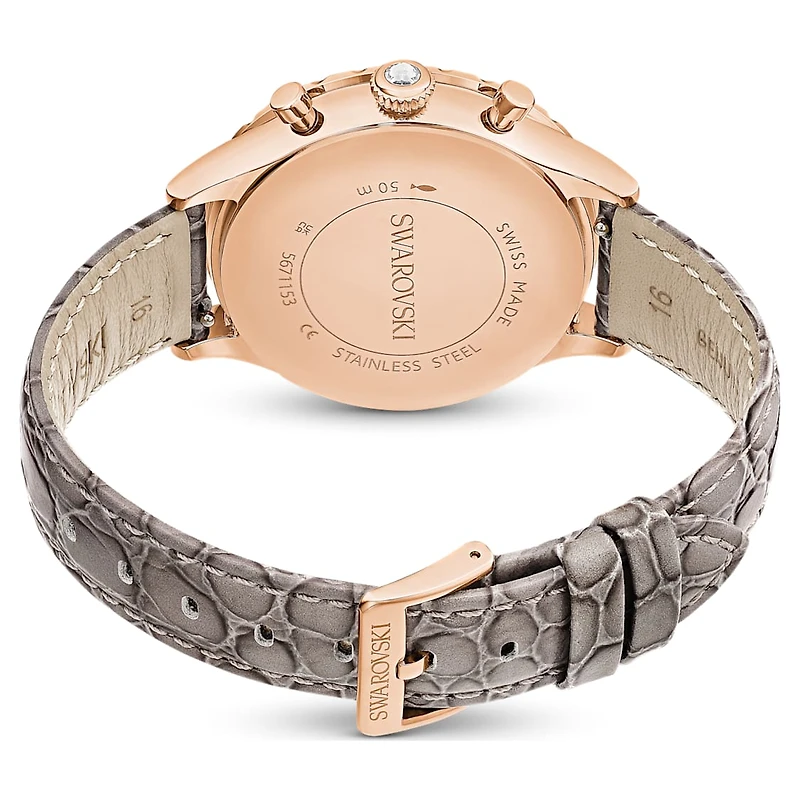 Octea chrono watch, Swiss Made, Leather strap, Grey, Rose gold-tone finish by SWAROVSKI
