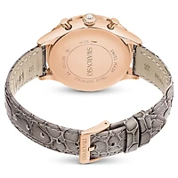Octea chrono watch, Swiss Made, Leather strap, Grey, Rose gold-tone finish by SWAROVSKI