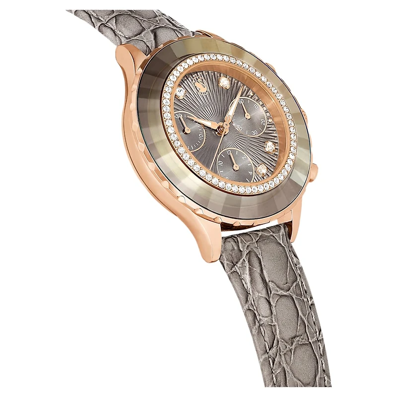 Octea chrono watch, Swiss Made, Leather strap, Grey, Rose gold-tone finish by SWAROVSKI