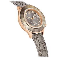 Octea chrono watch, Swiss Made, Leather strap, Grey, Rose gold-tone finish by SWAROVSKI