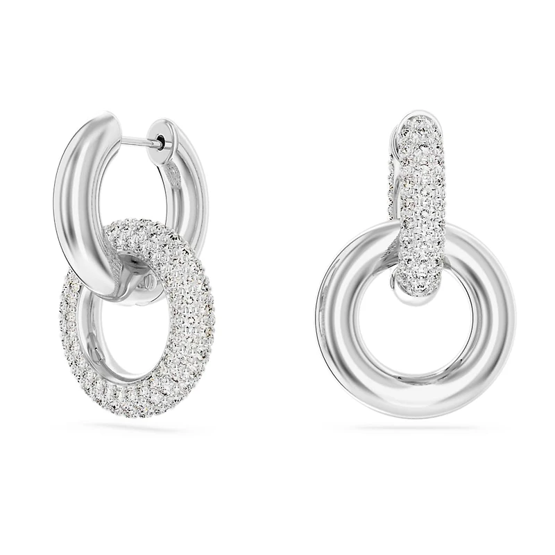 Dextera hoop earrings, Asymmetrical design, Interlocking loop, White, Rhodium plated by SWAROVSKI