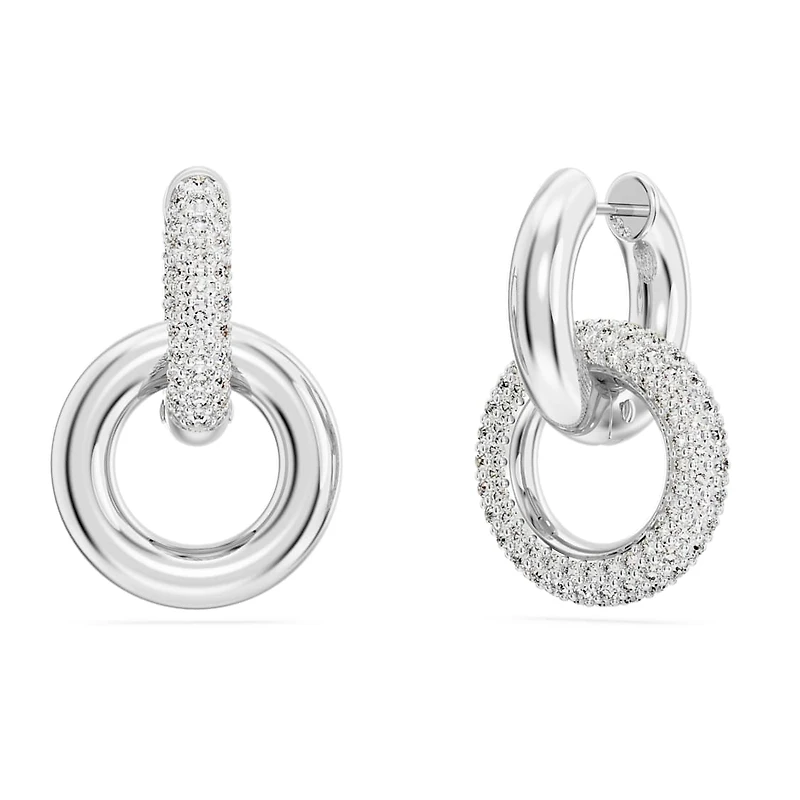 Dextera hoop earrings, Asymmetrical design, Interlocking loop, White, Rhodium plated by SWAROVSKI