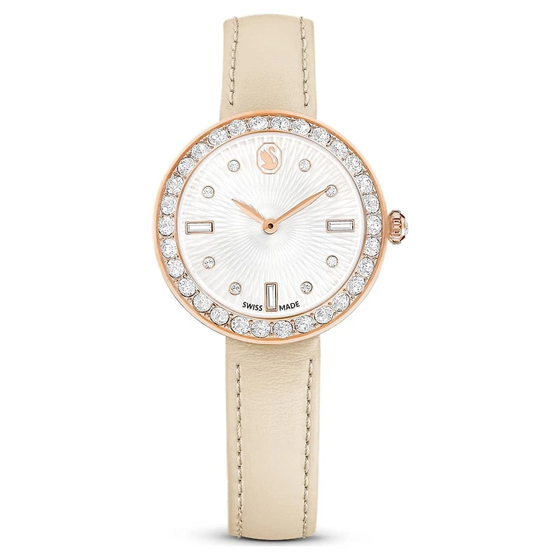 Matrix tennis 7-link watch, Swiss Made, Leather strap, Gray, Rose gold-tone finish by SWAROVSKI