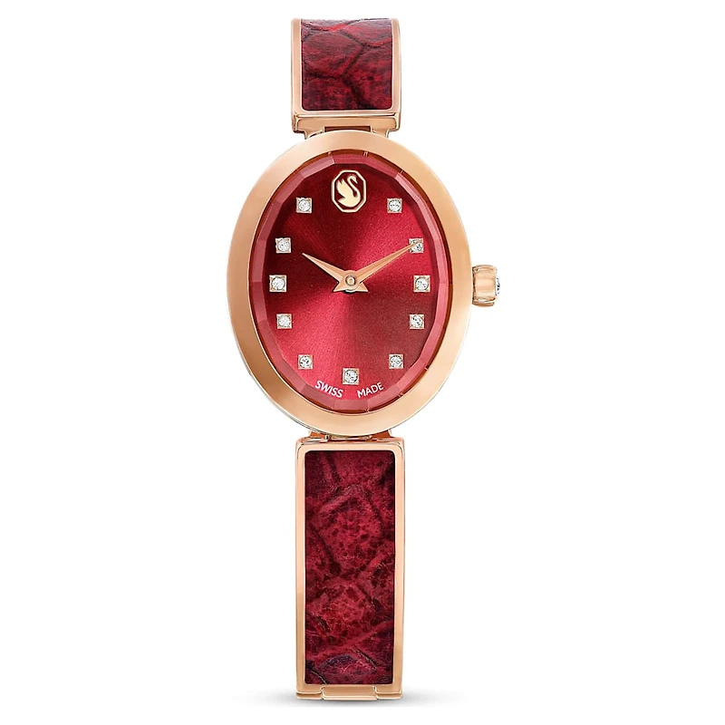 Crystal Rock oval watch, Swiss Made, Metal bracelet, Red, Rose gold-tone finish by SWAROVSKI