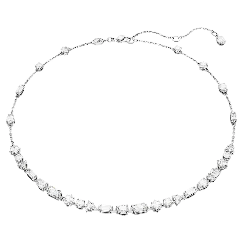 Mesmera necklace, Mixed cuts, Scattered design, White, Rhodium plated by SWAROVSKI