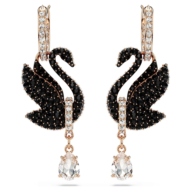 Swan drop earrings, Swan, Black, Rose gold-tone plated by SWAROVSKI