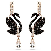 Swan drop earrings, Swan, Black, Rose gold-tone plated by SWAROVSKI