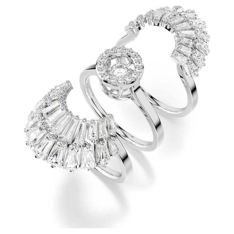 Idyllia ring, Set (3), Mixed cuts, Shell, White, Rhodium plated by SWAROVSKI