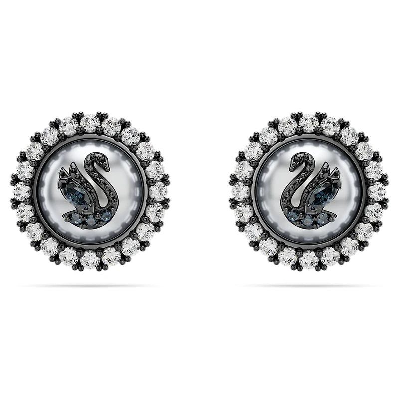 Swarovski Swan stud earrings, Crystal pearl, Swan, Grey, Ruthenium plated by SWAROVSKI