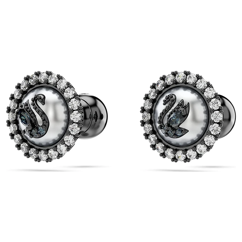 Swarovski Swan stud earrings, Crystal pearl, Swan, Grey, Ruthenium plated by SWAROVSKI