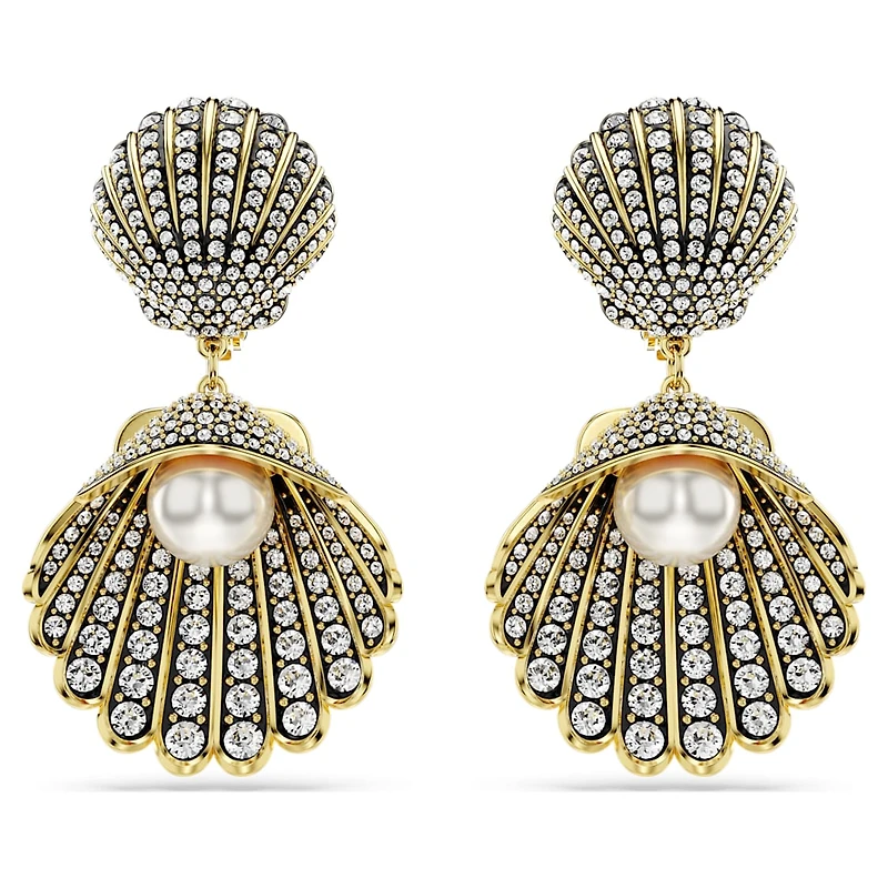 Idyllia clip earrings, Crystal pearl, Shell, White, Gold-tone plated by SWAROVSKI