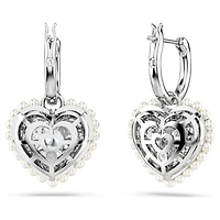 Idyllia drop earrings, Crystal pearl, Heart, White, Rhodium plated by SWAROVSKI