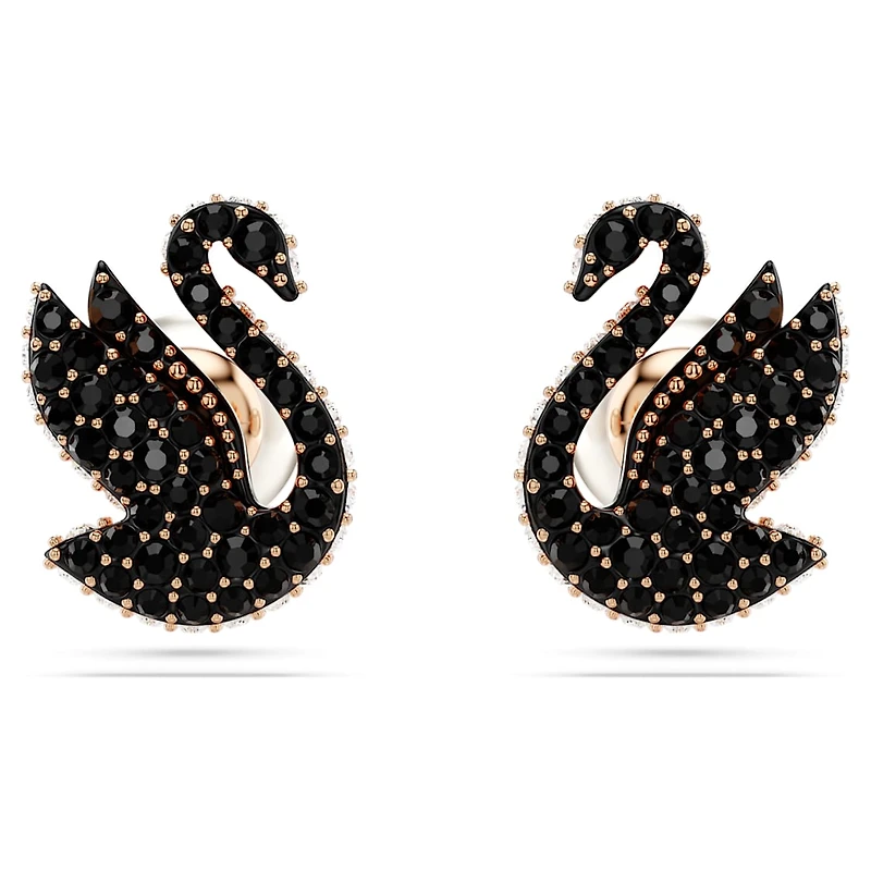 Swan stud earrings, Crystal pearl, Swan, Black, Rose gold-tone plated by SWAROVSKI