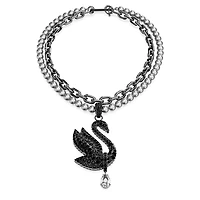Swan choker and brooch, Crystal pearl, Swan, Black, Ruthenium plated by SWAROVSKI