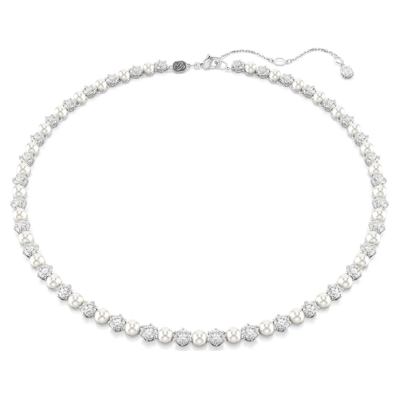Matrix Tennis necklace, Crystal pearl, Round cut, White, Rhodium plated by SWAROVSKI
