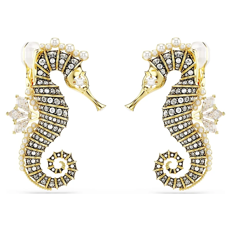 Idyllia clip earrings, Crystal pearl, Seahorse, White, Gold-tone plated by SWAROVSKI