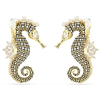 Idyllia clip earrings, Crystal pearl, Seahorse, White, Gold-tone plated by SWAROVSKI