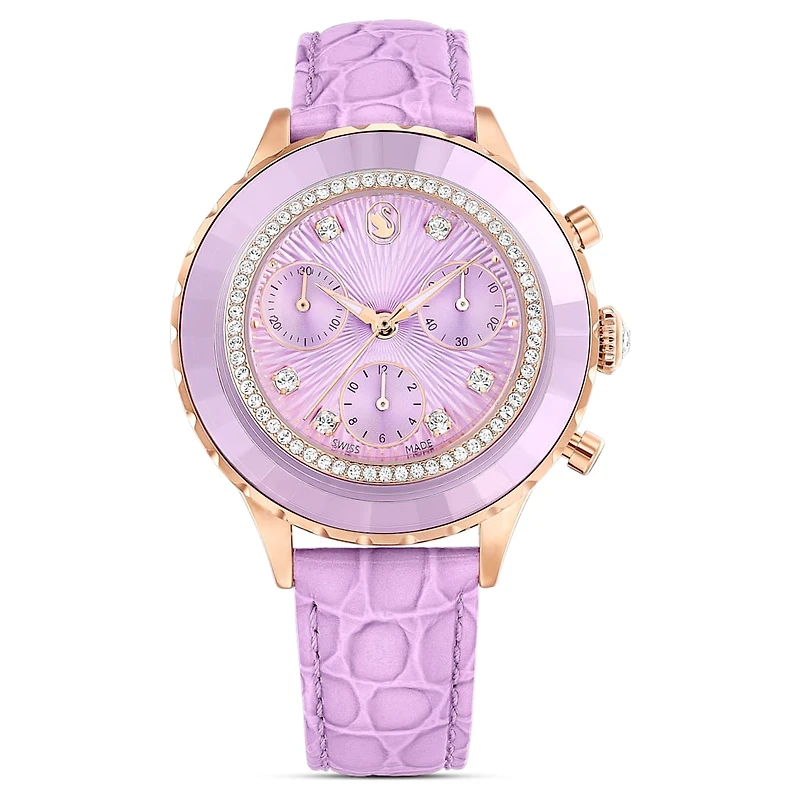 Octea chrono watch, Swiss Made, Leather strap, Purple, Rose gold-tone finish by SWAROVSKI