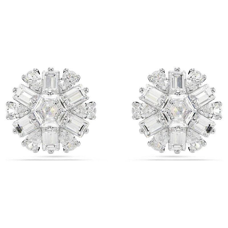 Idyllia stud earrings, Mixed cuts, Snowflake, White, Rhodium plated by SWAROVSKI