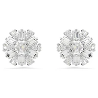 Idyllia stud earrings, Mixed cuts, Snowflake, White, Rhodium plated by SWAROVSKI