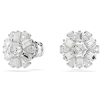 Idyllia stud earrings, Mixed cuts, Snowflake, White, Rhodium plated by SWAROVSKI