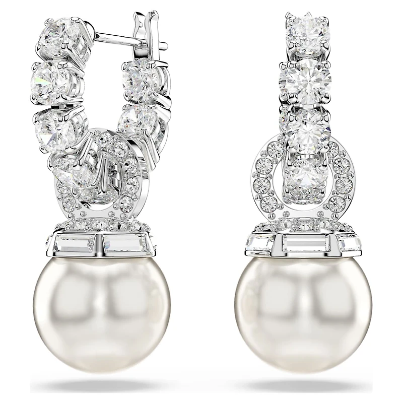 Matrix drop earrings, Crystal pearl, Round cut, White, Rhodium plated by SWAROVSKI