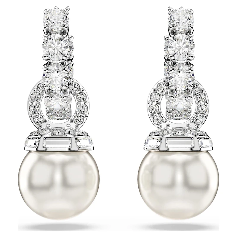 Matrix drop earrings, Crystal pearl, Round cut, White, Rhodium plated by SWAROVSKI