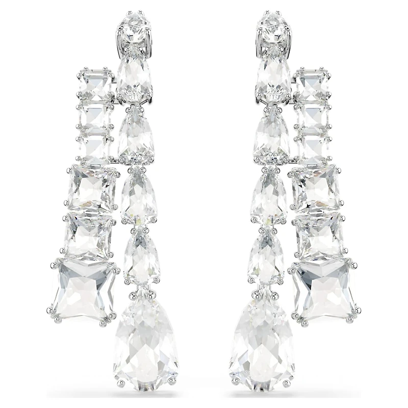 Matrix drop earrings, Mixed cuts, White, Rhodium plated by SWAROVSKI
