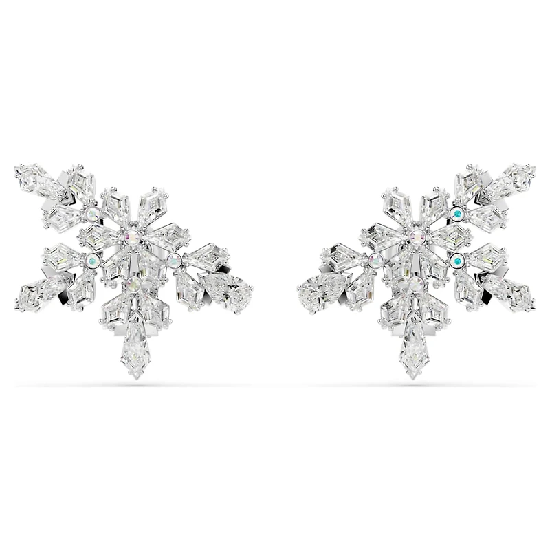 Idyllia clip earrings, Mixed cuts, Half snowflake, White, Rhodium plated by SWAROVSKI