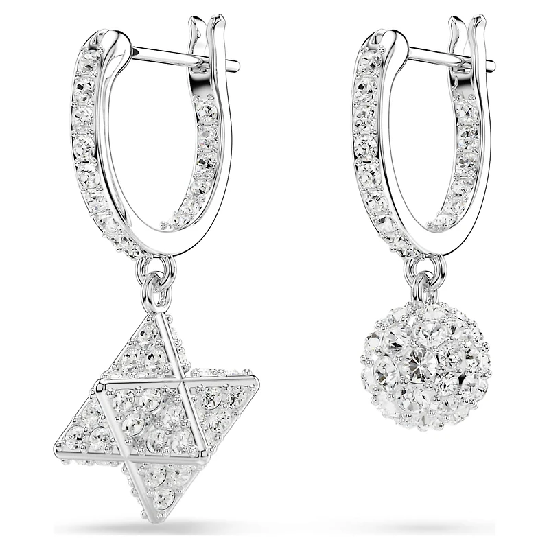 Dextera drop earrings, Asymmetrical design, Round cut, Star and sphere, White, Rhodium plated by SWAROVSKI