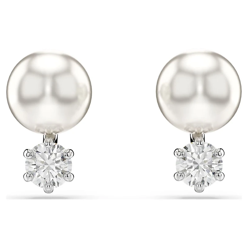 Matrix stud earrings, Crystal pearl, Round cut, White, Rhodium plated by SWAROVSKI