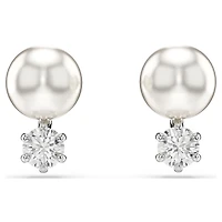 Matrix stud earrings, Crystal pearl, Round cut, White, Rhodium plated by SWAROVSKI
