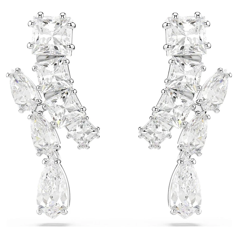 Matrix drop earrings, Mixed cuts, White, Rhodium plated by SWAROVSKI
