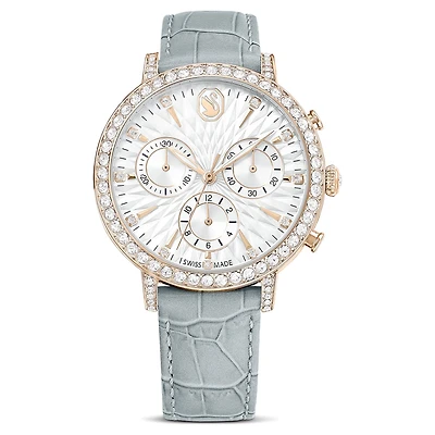 Matrix tennis chrono watch, Swiss Made, Leather strap, Gray, Champagne gold-tone finish by SWAROVSKI