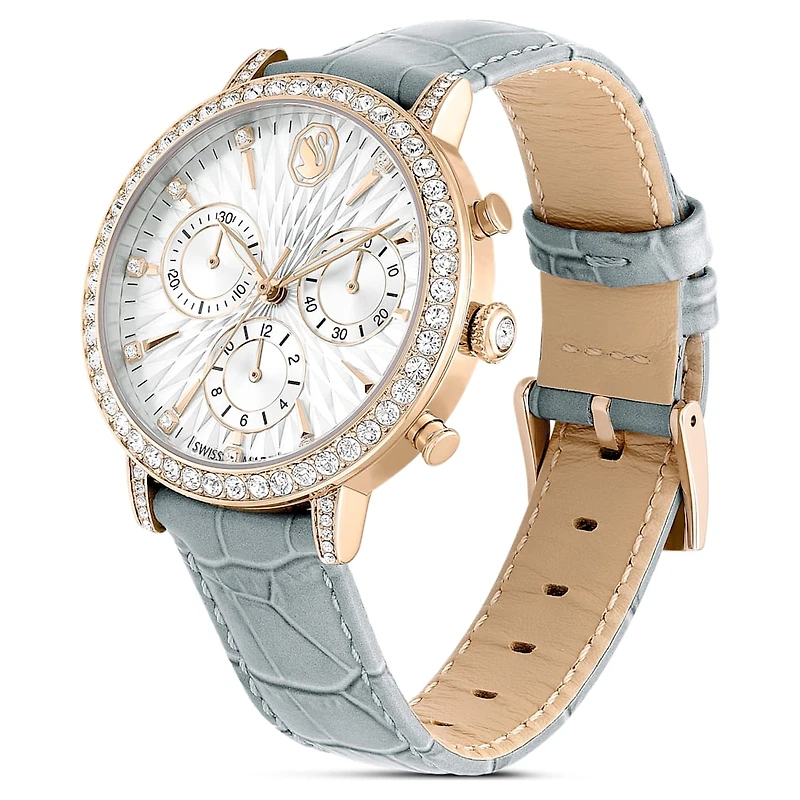 Matrix tennis chrono watch, Swiss Made, Leather strap, Gray, Champagne gold-tone finish by SWAROVSKI