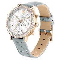Matrix tennis chrono watch, Swiss Made, Leather strap, Grey, Champagne gold-tone finish by SWAROVSKI