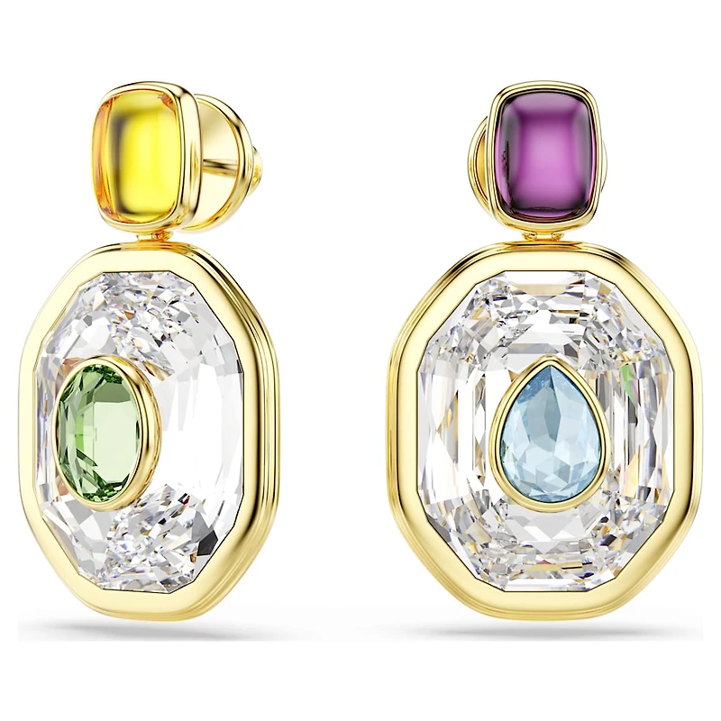 Chroma drop earrings, Asymmetrical design, Octagon cut, Multicoloured, Gold-tone plated by SWAROVSKI