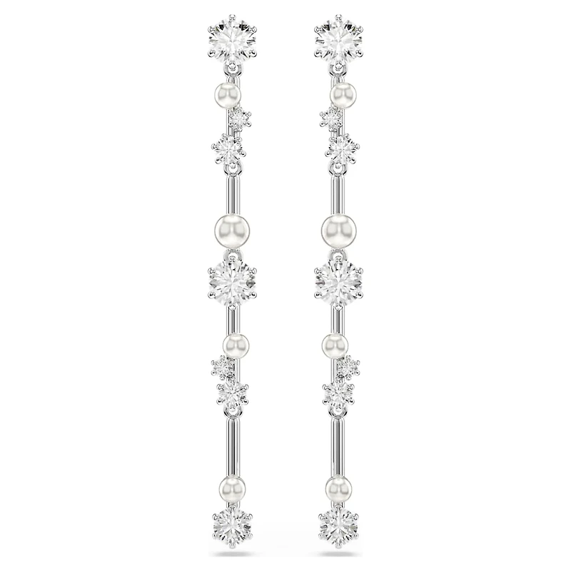 Constella drop earrings, Crystal pearl, Round cuts, White, Rhodium plated by SWAROVSKI