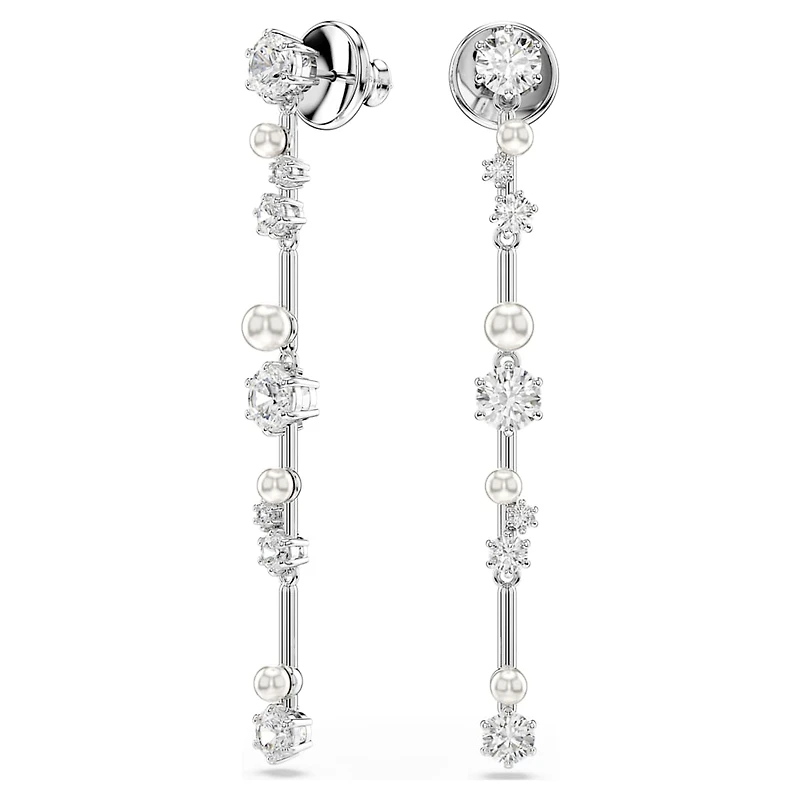 Constella drop earrings, Crystal pearl, Round cuts, White, Rhodium plated by SWAROVSKI