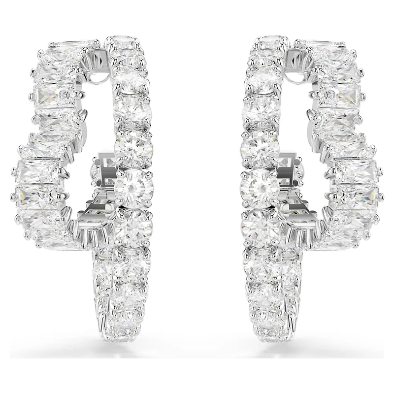 Matrix hoop earrings, Mixed cuts, Heart, White, Rhodium plated by SWAROVSKI