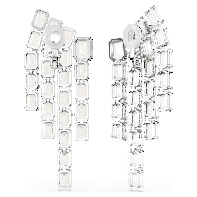 Millenia clip earrings, Octagon cut, Chandelier, White, Rhodium plated by SWAROVSKI
