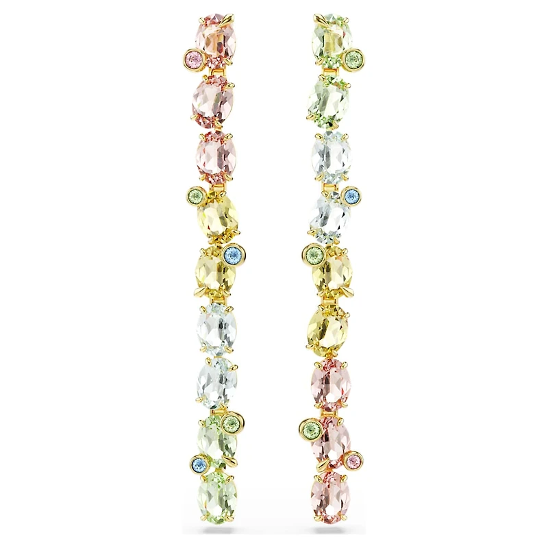 Gema drop earrings, Asymmetrical design, Mixed cuts, Long, Multicoloured, Gold-tone plated by SWAROVSKI