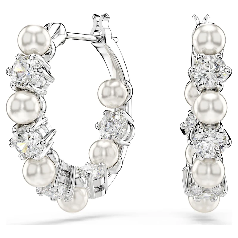 Matrix hoop earrings, Crystal pearl, Round cut, White, Rhodium plated by SWAROVSKI