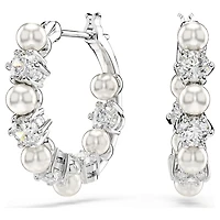 Matrix hoop earrings, Crystal pearl, Round cut, White, Rhodium plated by SWAROVSKI
